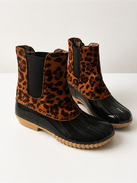 Shoes - Leopard-Print Duck Rain Boots for Women - Black & Brown
